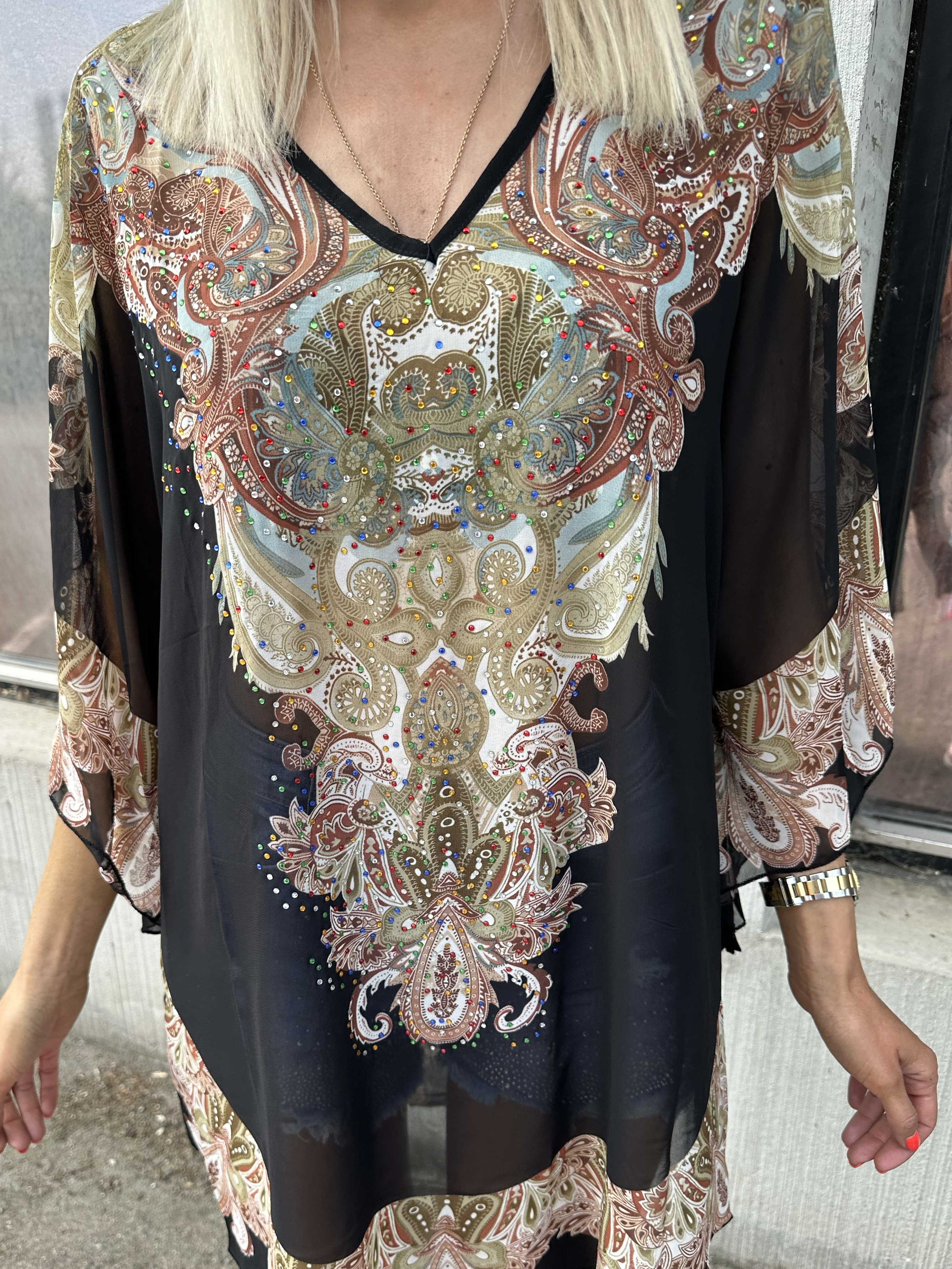 Sigga - Mönstrad halvtransparent tunika med mockabård