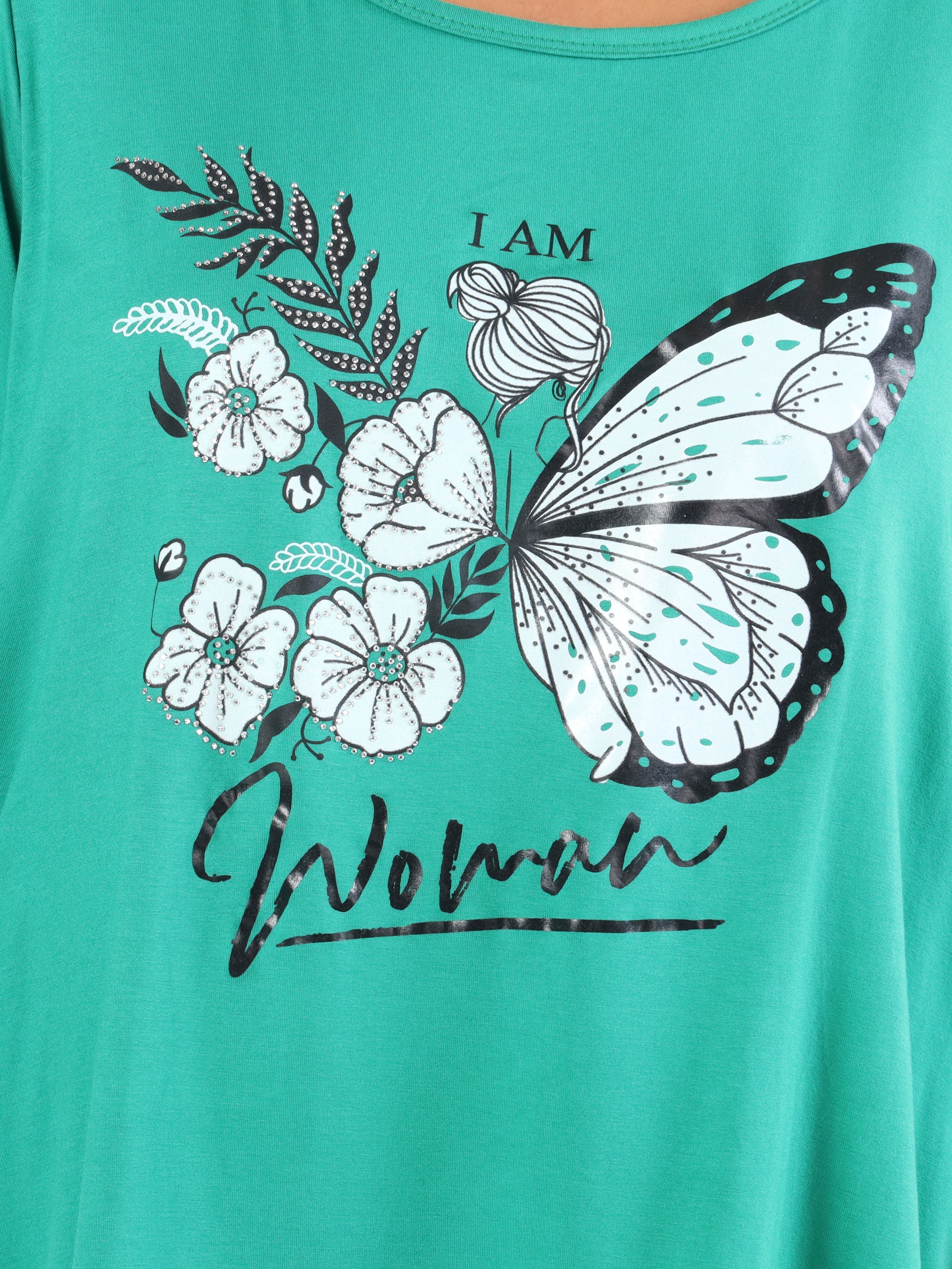 Sisse - Mjuk elastisk plus size blus med motiv och imiterad kant