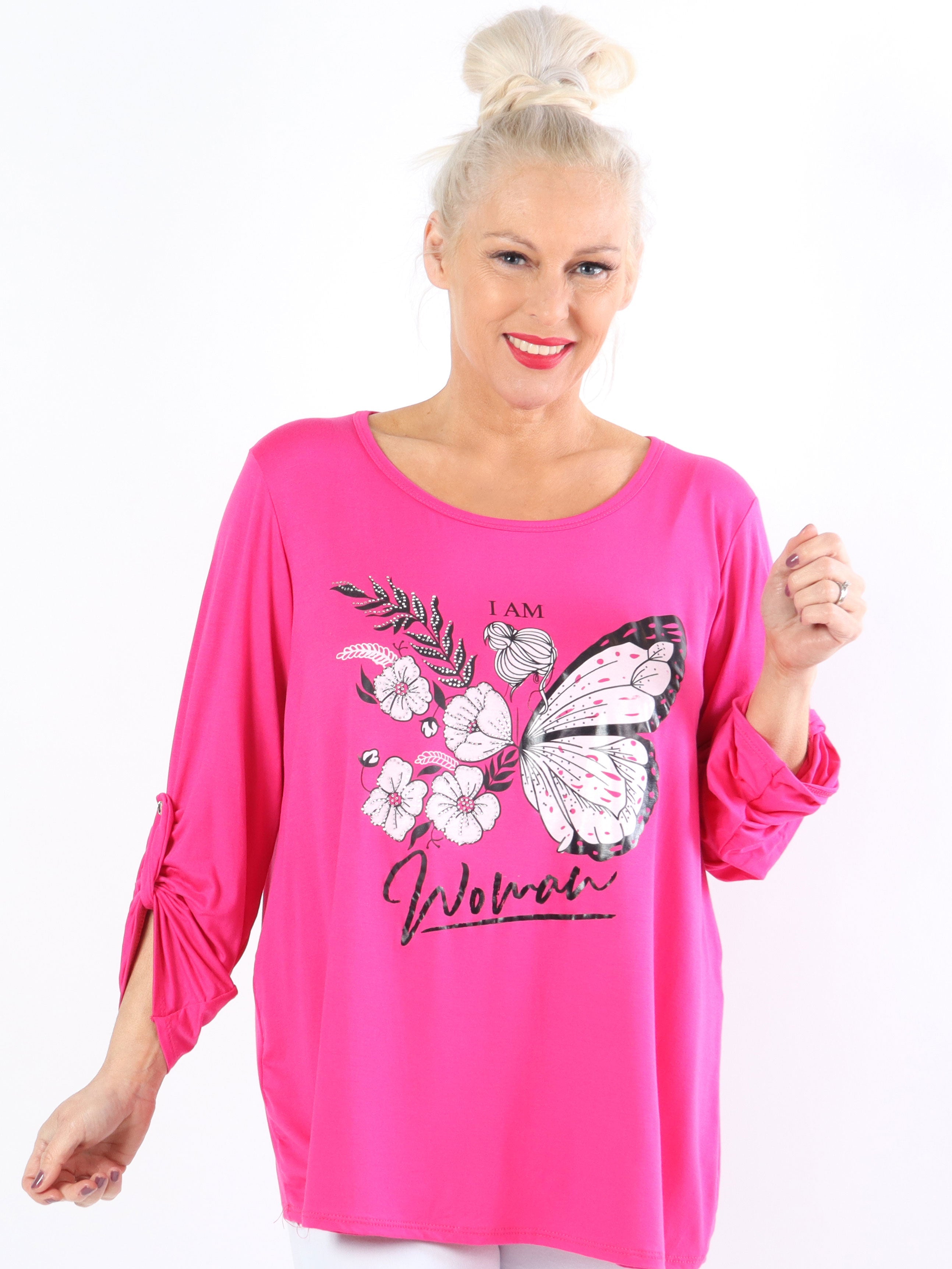 Sisse - Mjuk elastisk plus size blus med motiv och imiterad kant