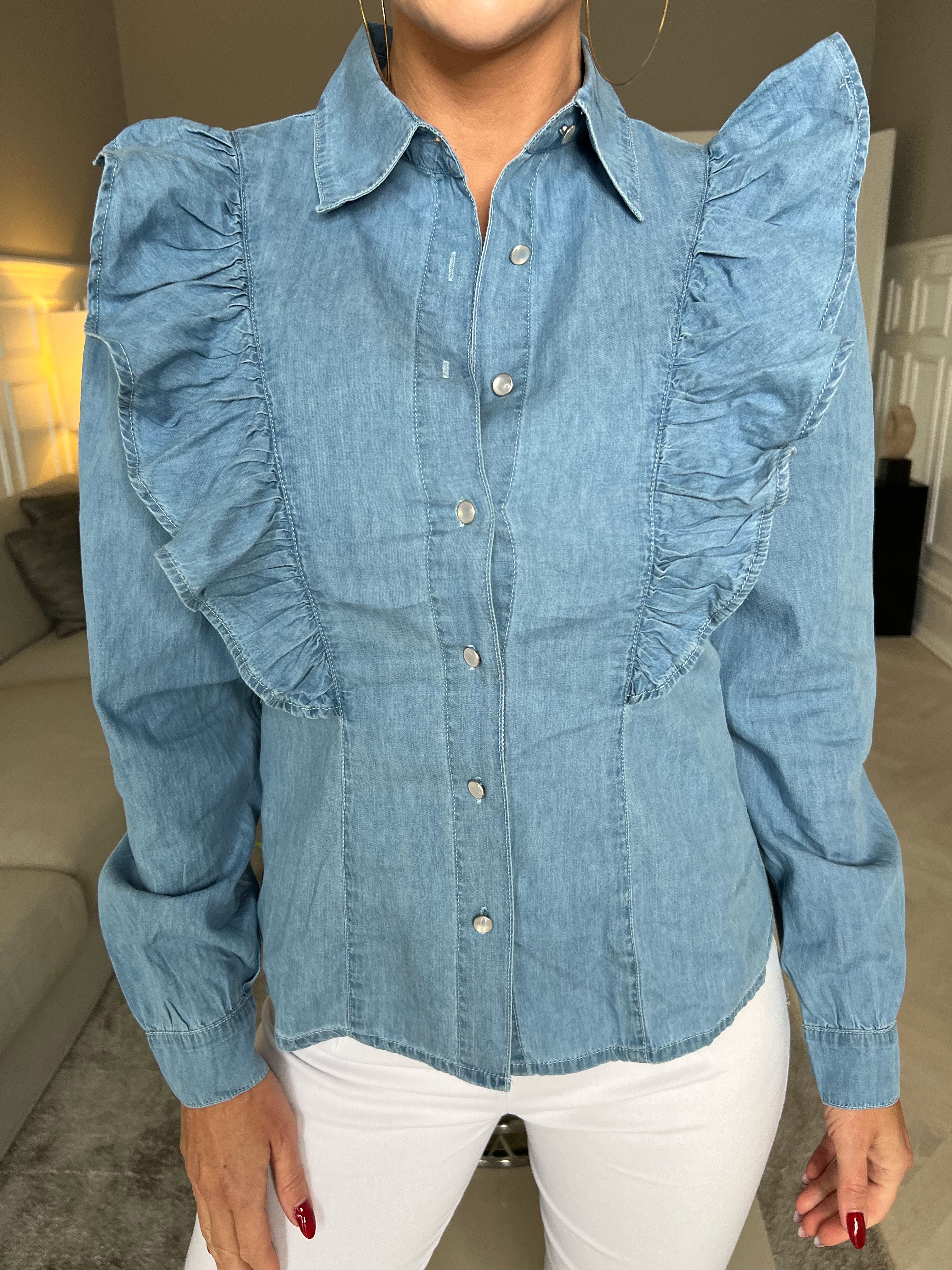 Stefanie - Fin skjorta med volanger i denimlook - Denim