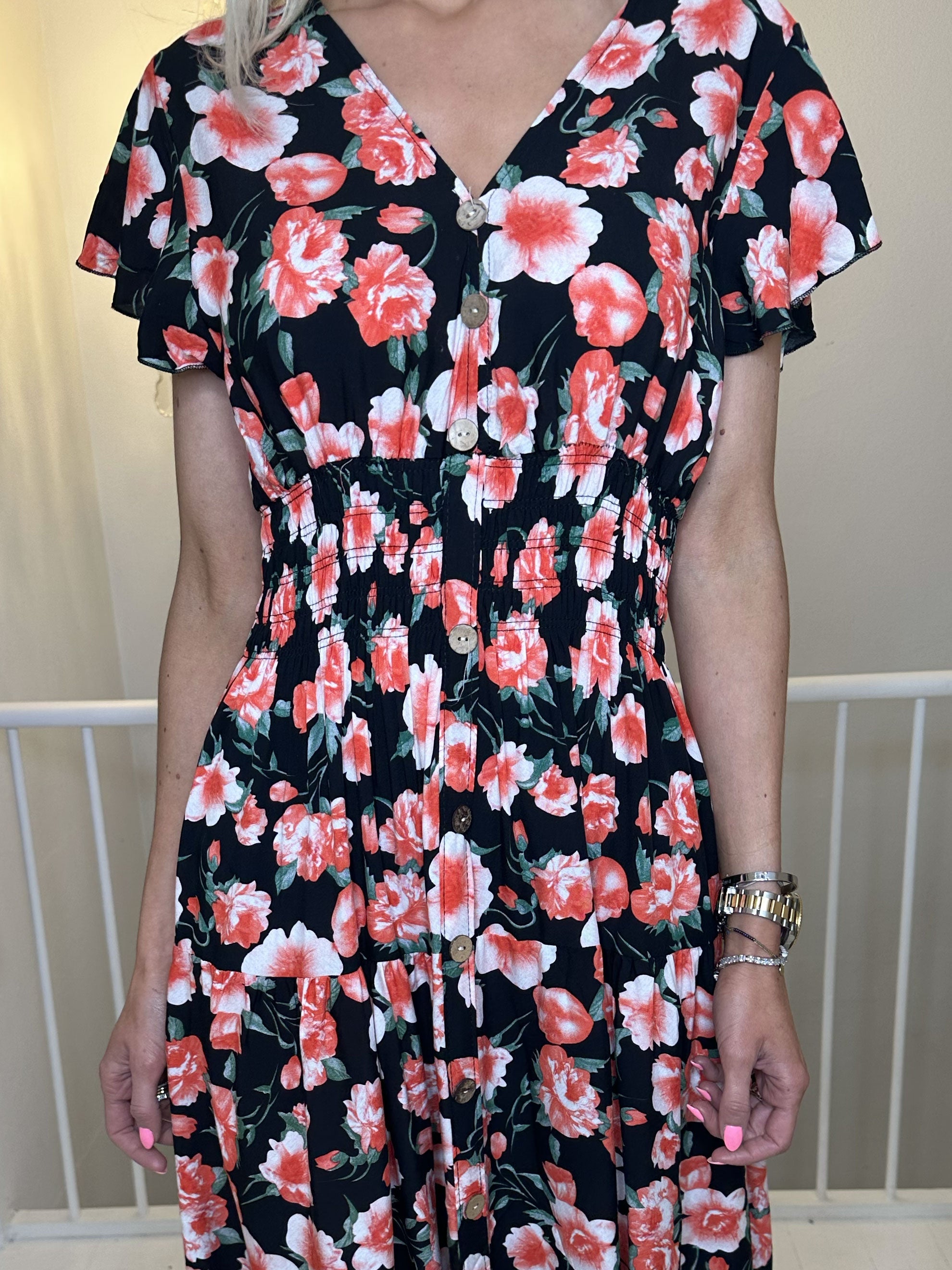 Summer Big Flower - Lång klänning med blommigt tryck och volanger