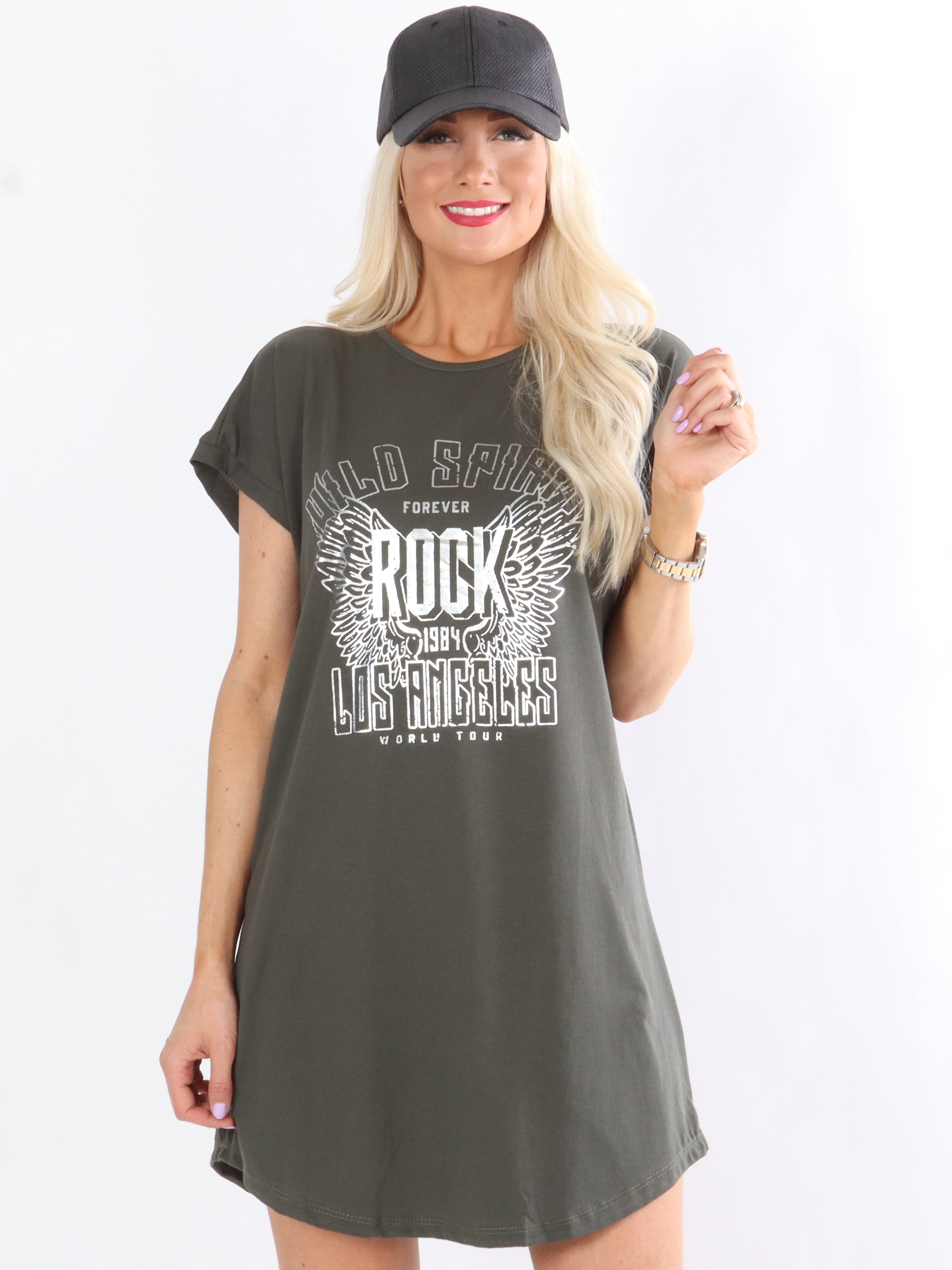 Tatiana - Armégrön t-shirt klänning med silvermotiv