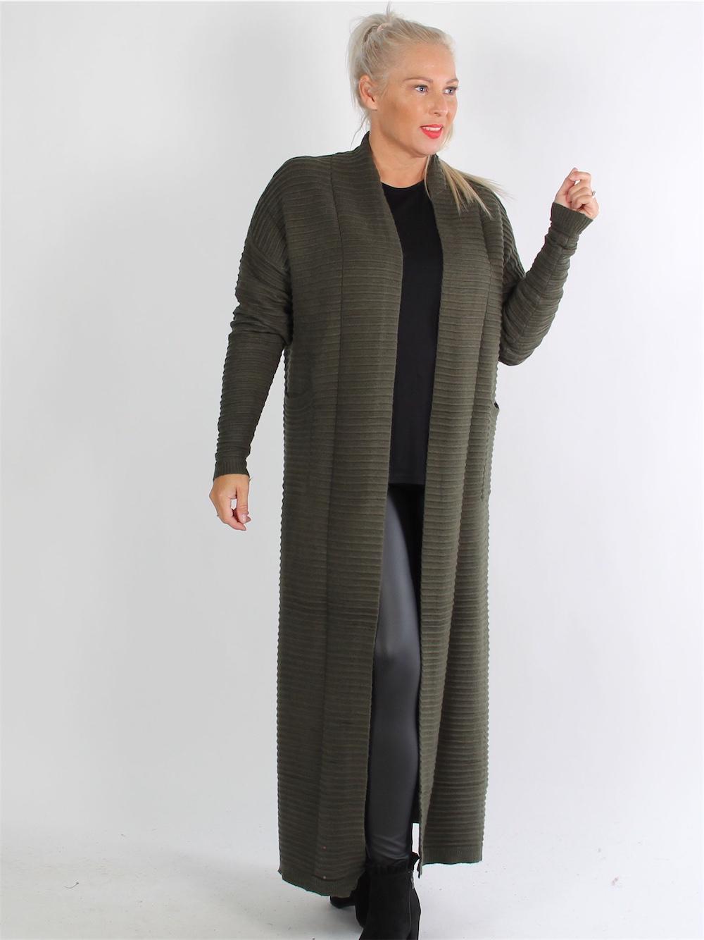 Torino - Armégrön lång kofta i mjukt tyg med ribb