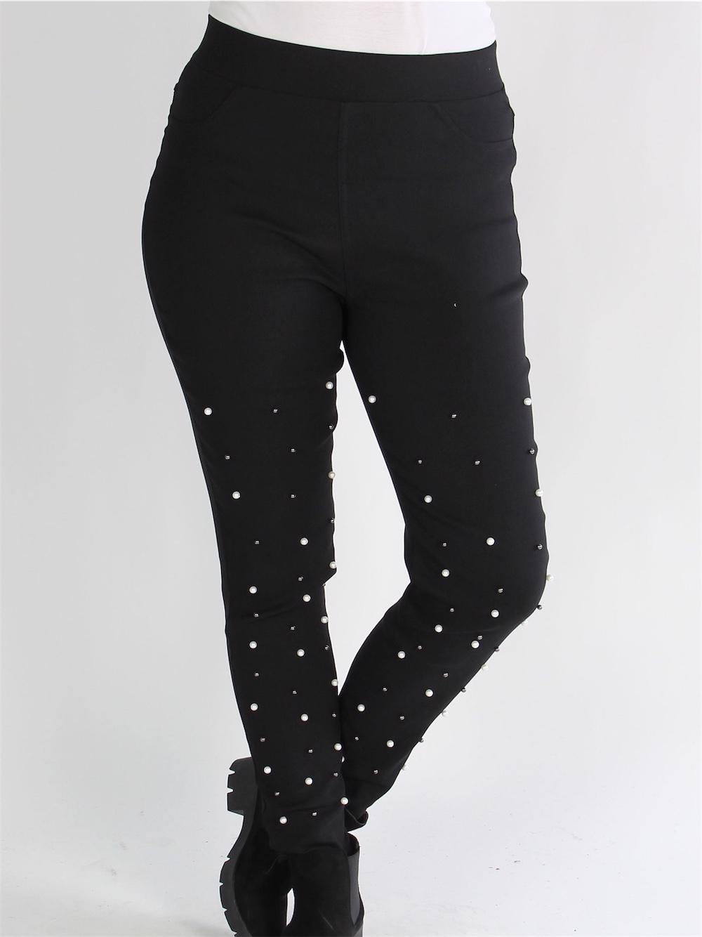 Trille - Svarta leggings i stretchmaterial med pärlor längs benen