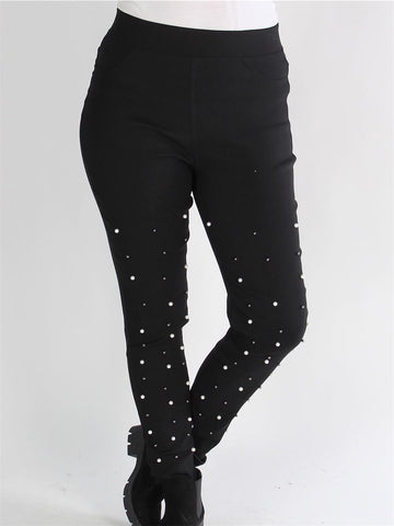 Trille - Svarta leggings i stretchmaterial med pärlor längs benen