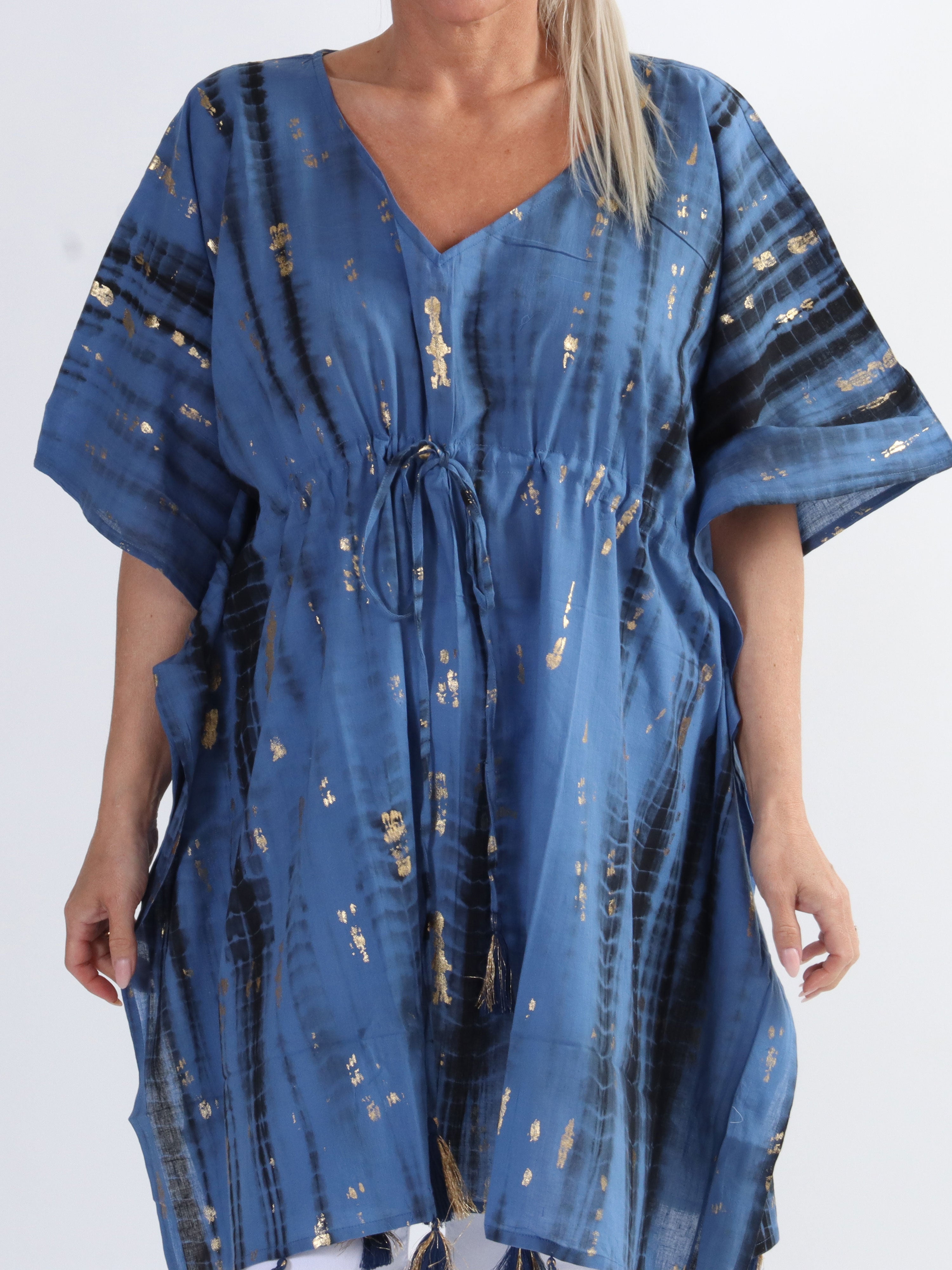 Tulle - Lätt plus size tunika med guldfärgade ränder och band - Pink