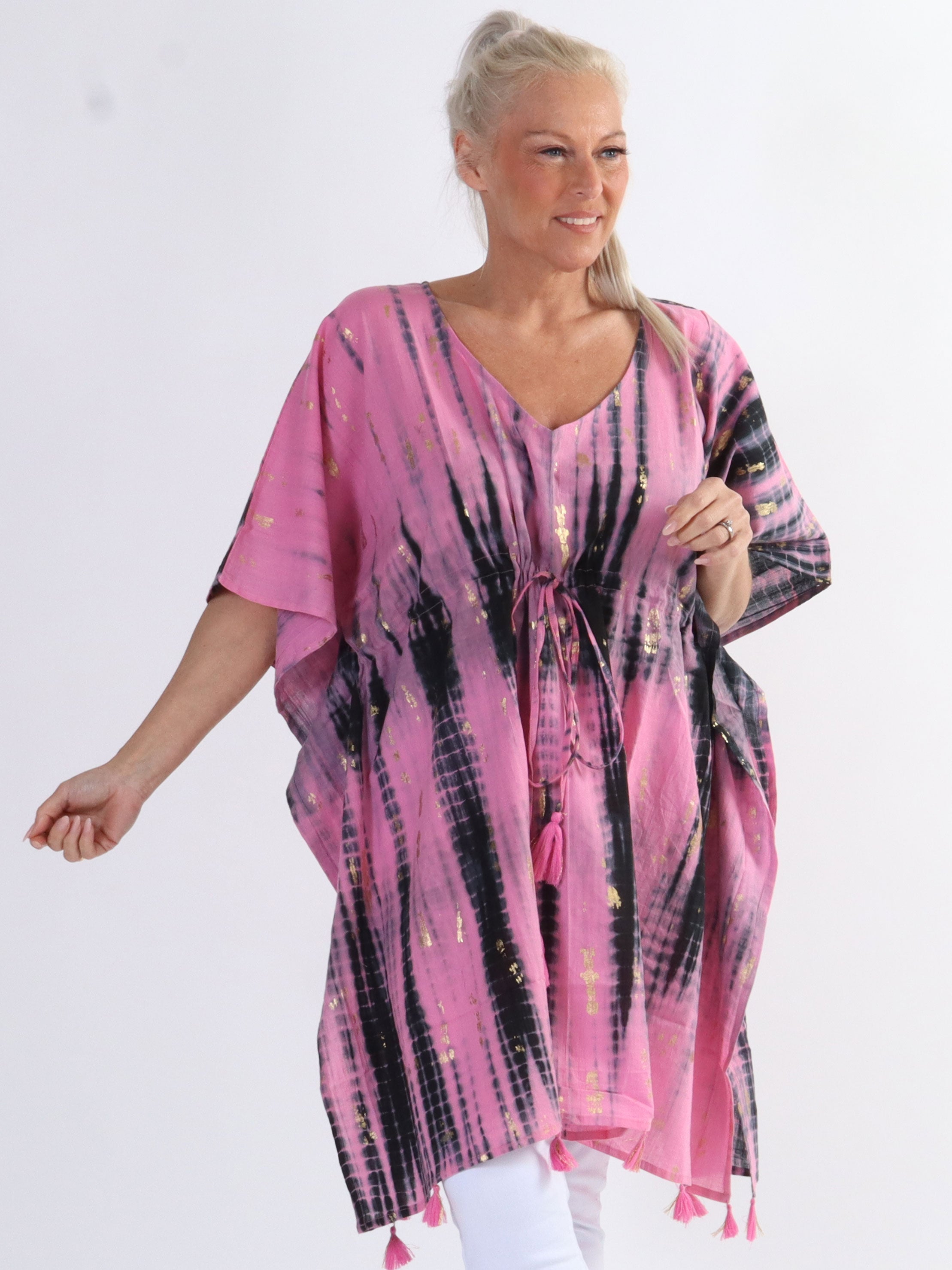 Tulle - Lätt plus size tunika med guldfärgade ränder och band