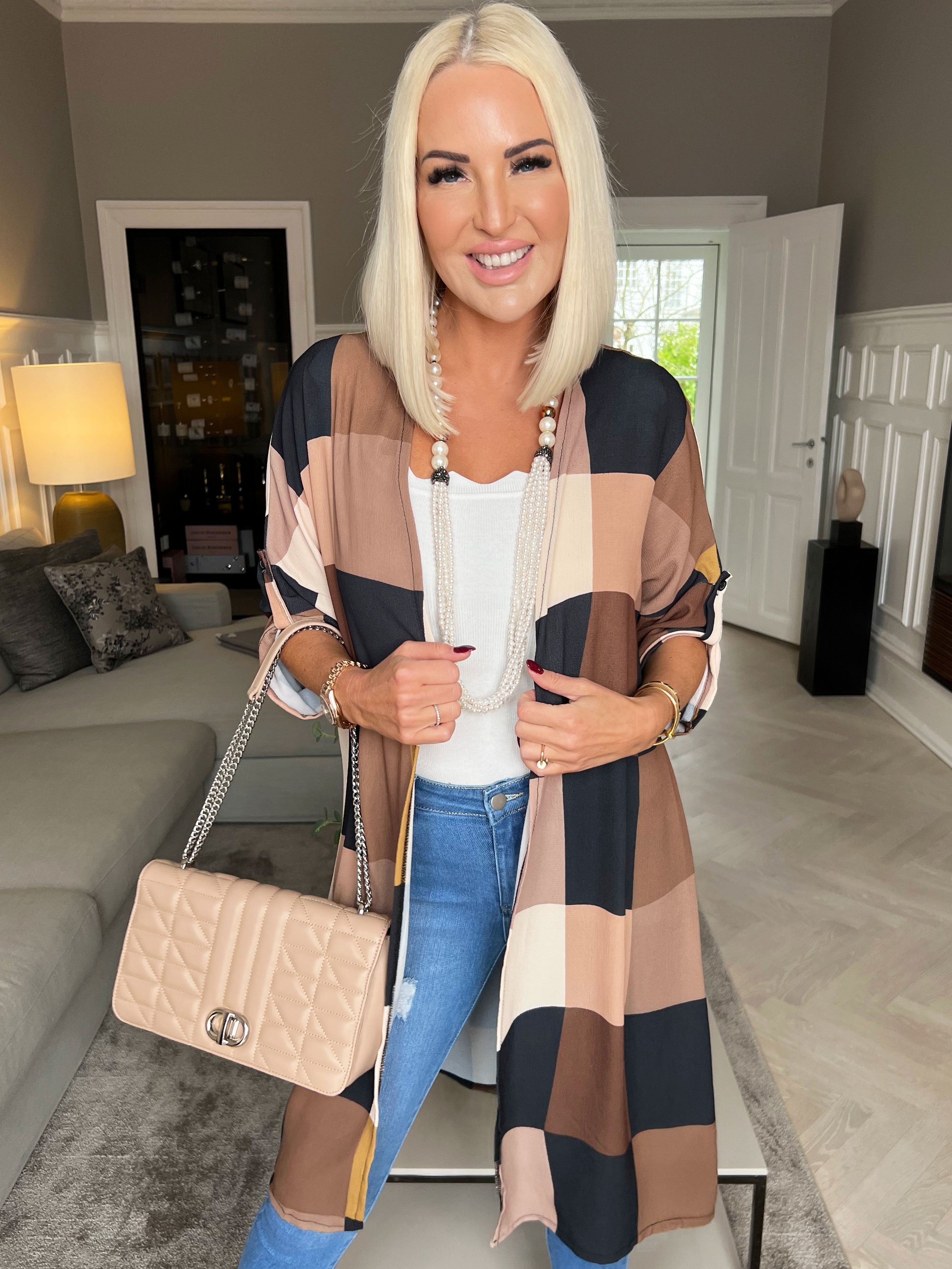 Vanesa Kimono - Söt kimono i viskos med rutor - Brown