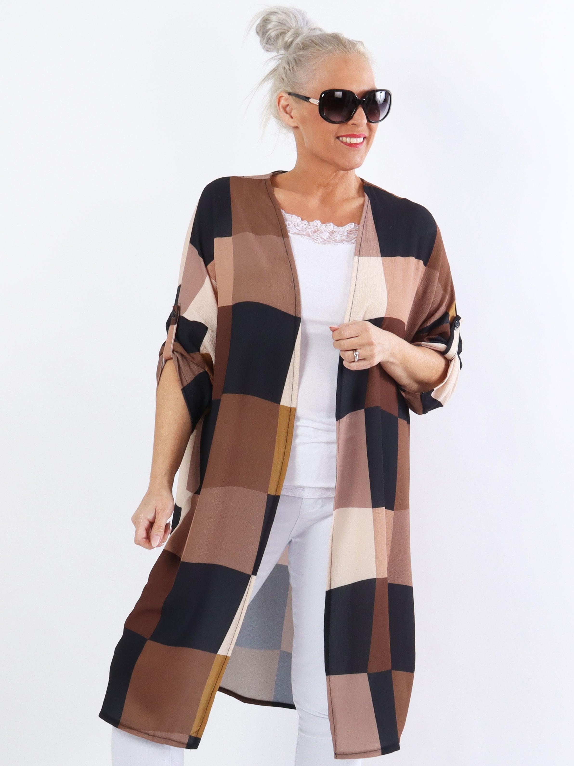 Vanesa Kimono - Söt plus size kimono i viskos med rutor - Brown