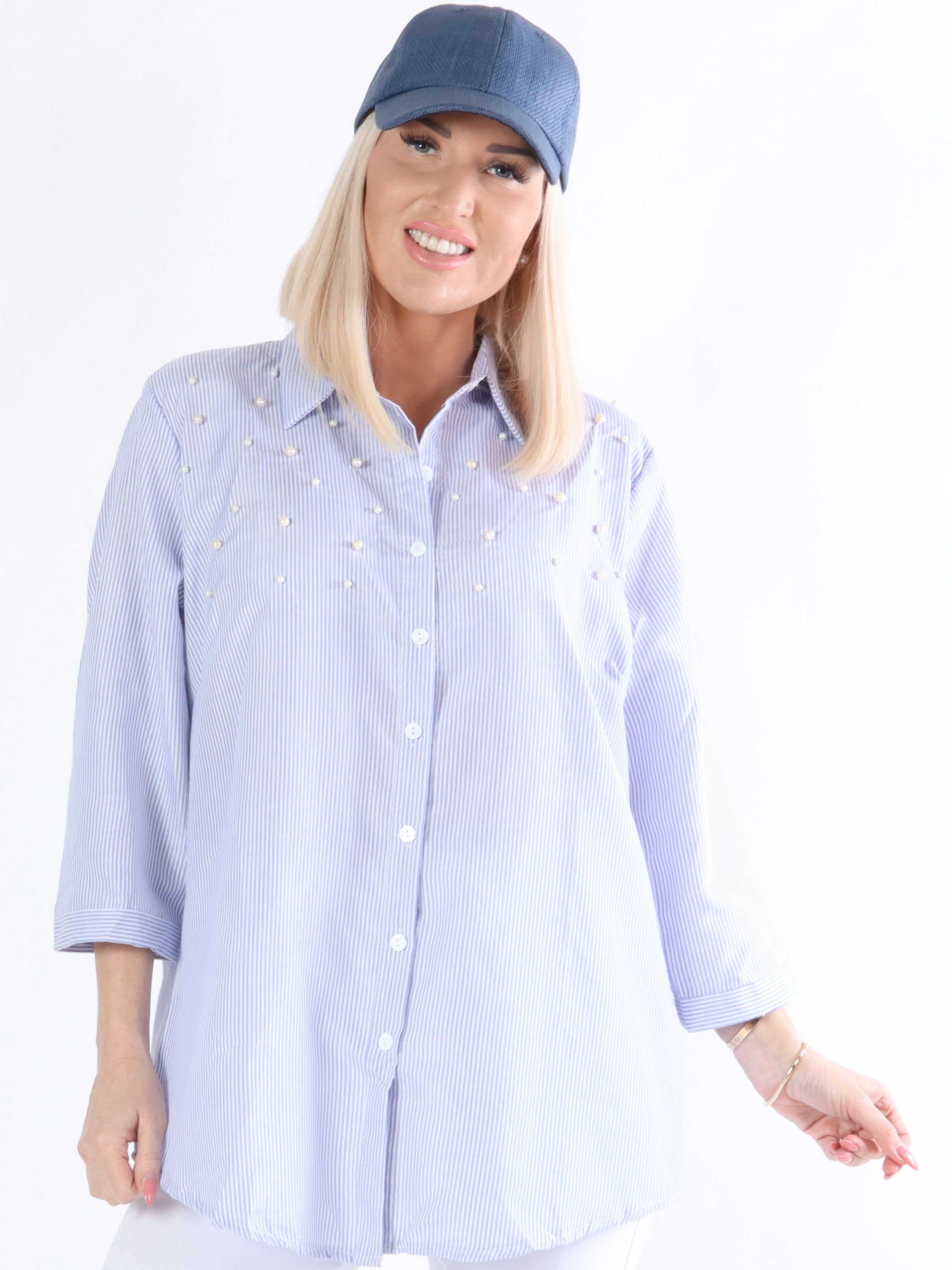 Vichi - Blå och vit randig skjorta med pärlor