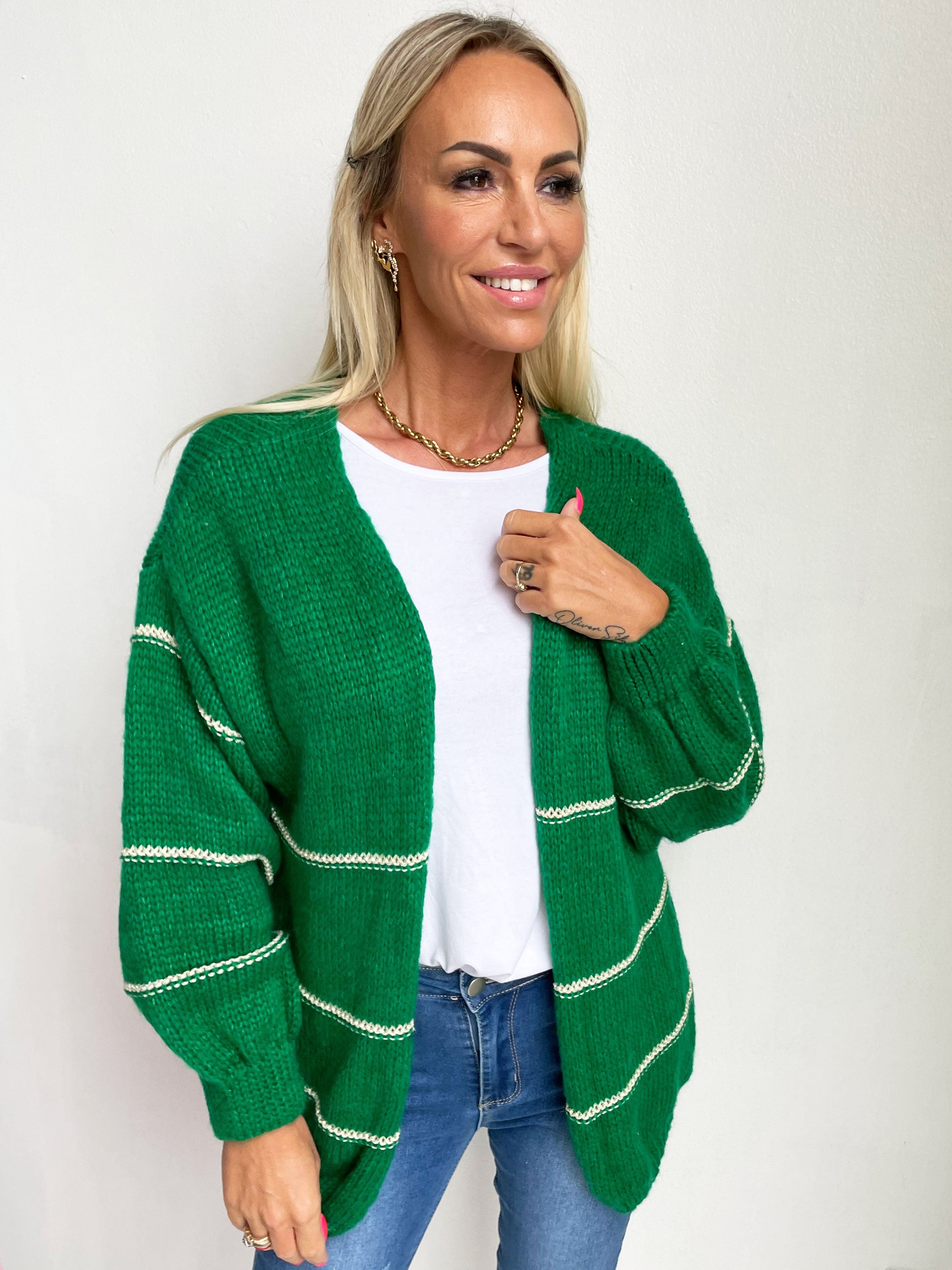 Yanira - Stickad kofta med guldfärgade ränder - Green