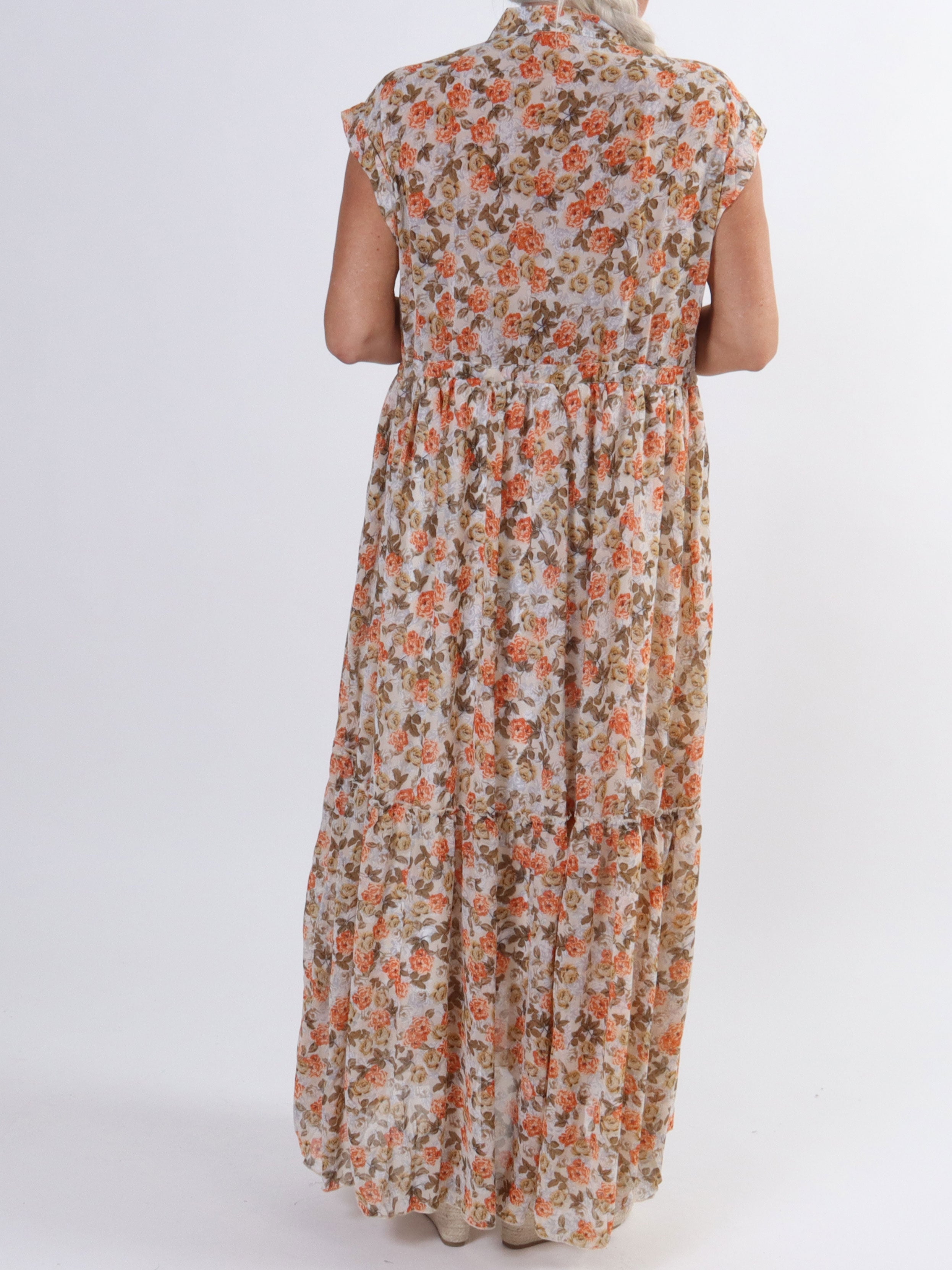 Alberte - Söt sommarklänning i chiffong med blommönster - Beige