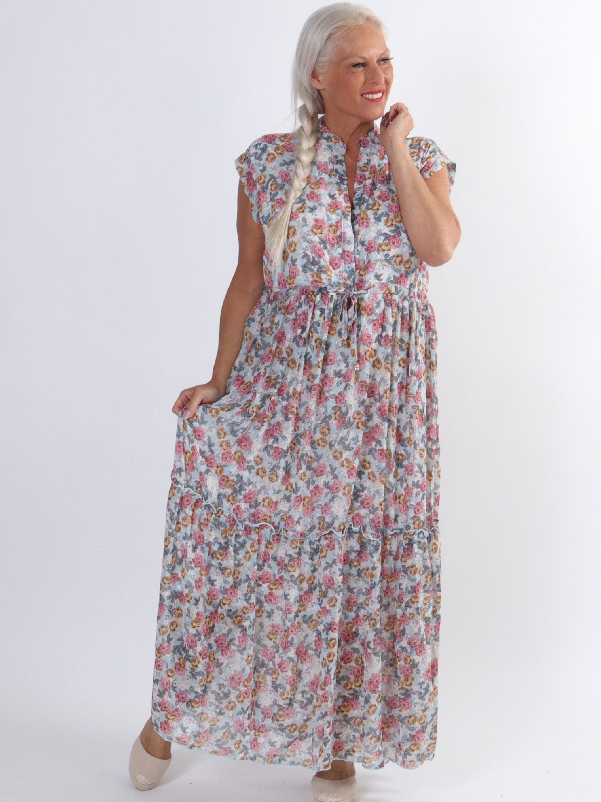 Alberte - Söt sommarklänning i chiffong med blommönster - Beige