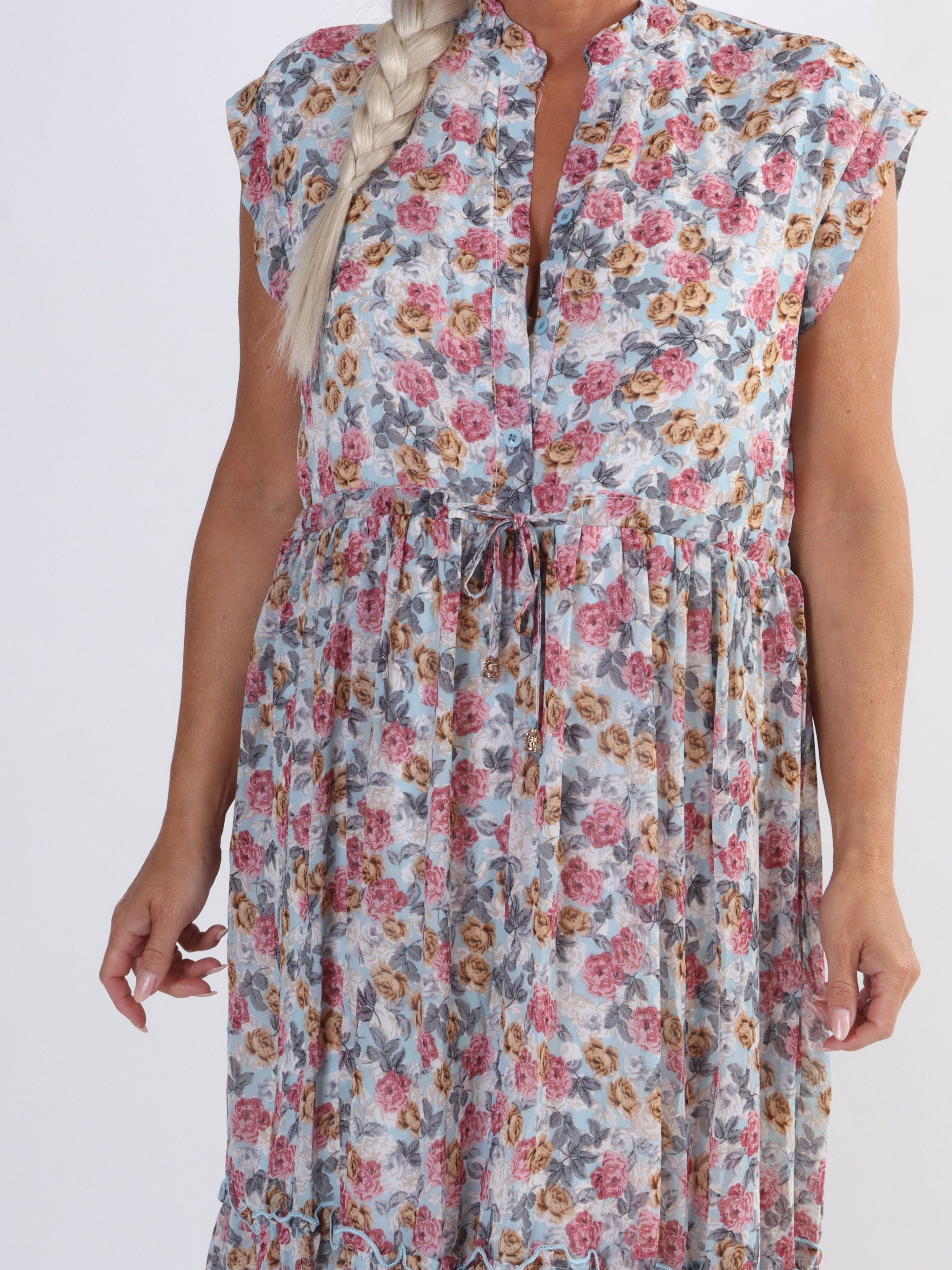 Alberte - Söt sommarklänning i chiffong med blommönster - Light blue