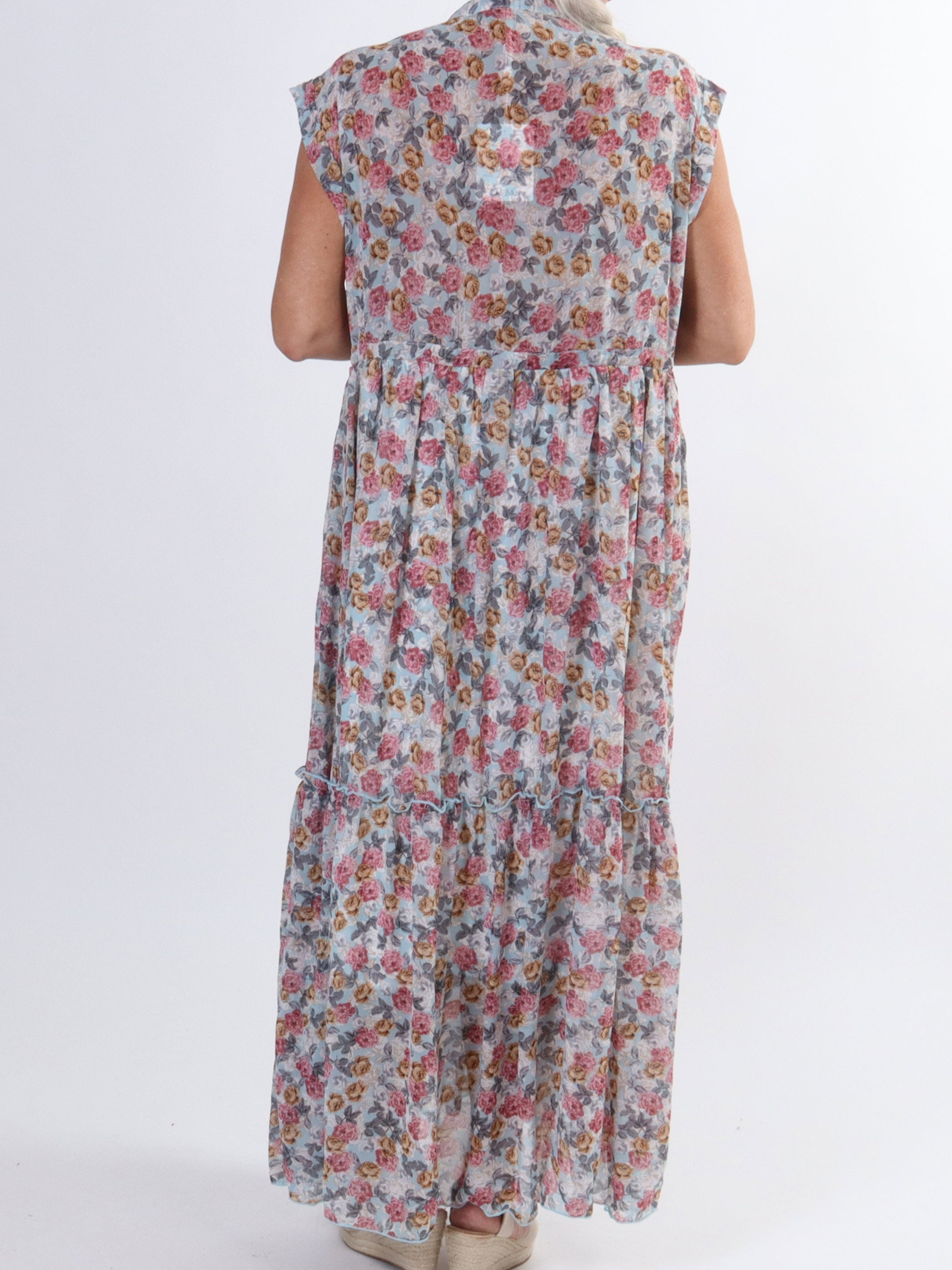 Alberte - Söt sommarklänning i chiffong med blommönster - Light blue