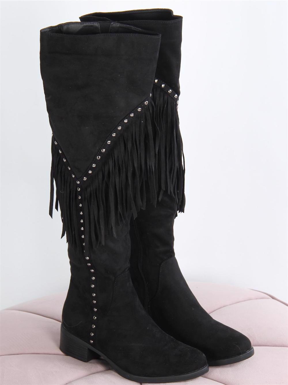 Christel - Svart känga med fransar och silvernitar