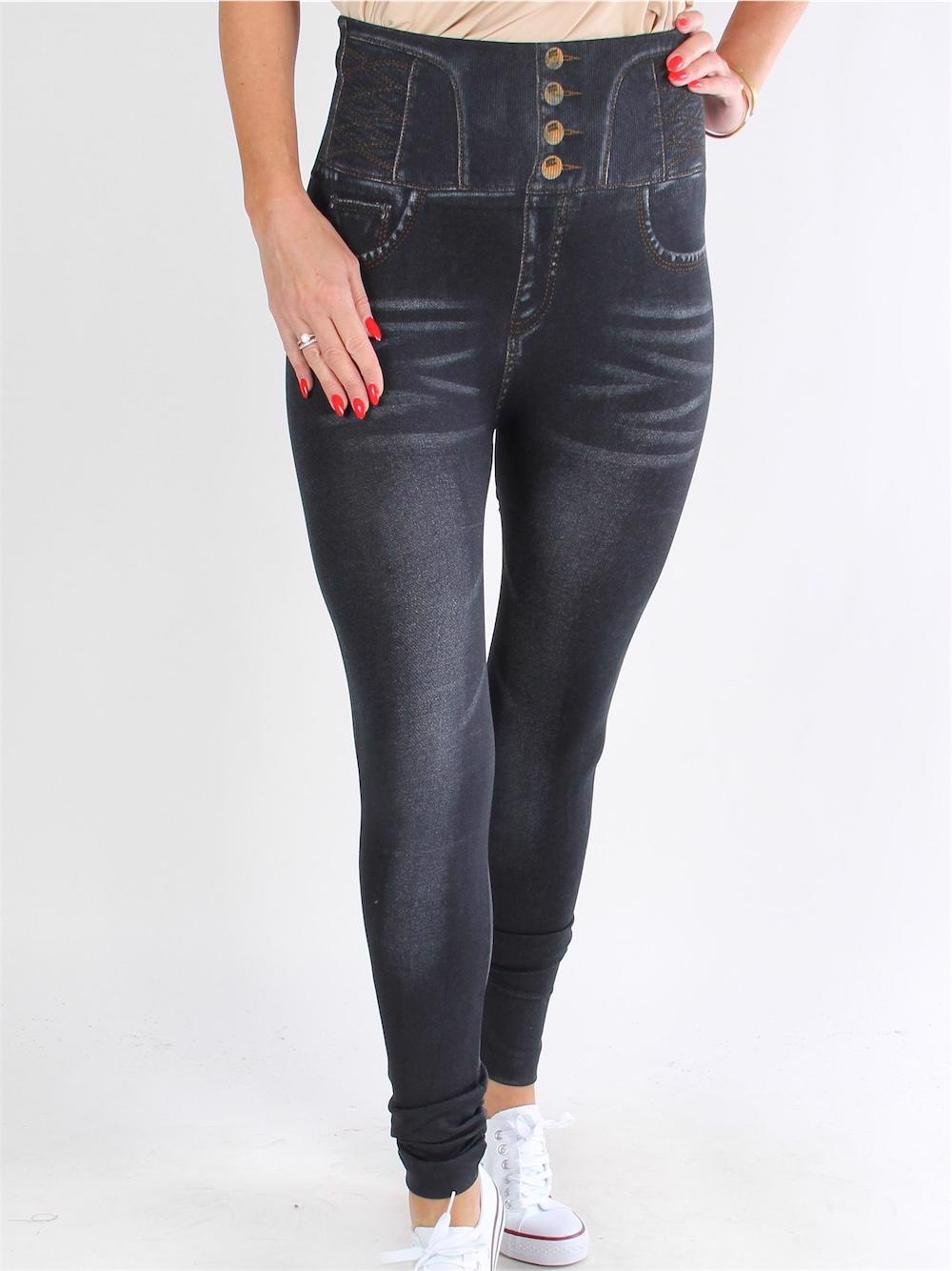 Esly - Svarta leggings med hög midja i jeanslook