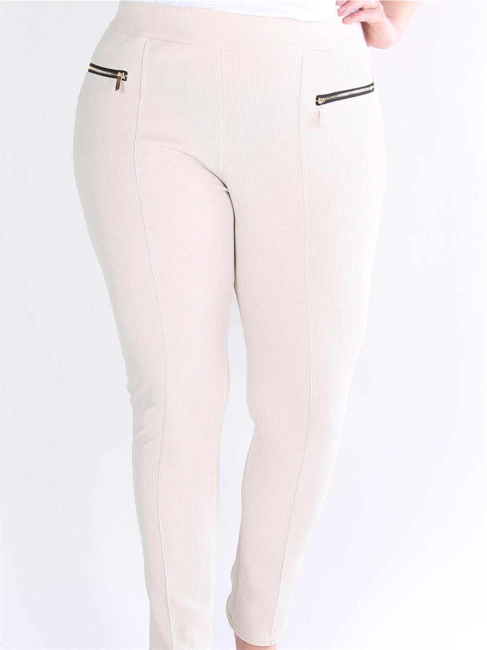 Gerdi - Beige elastiska byxor med guldfärgade dragkedjor