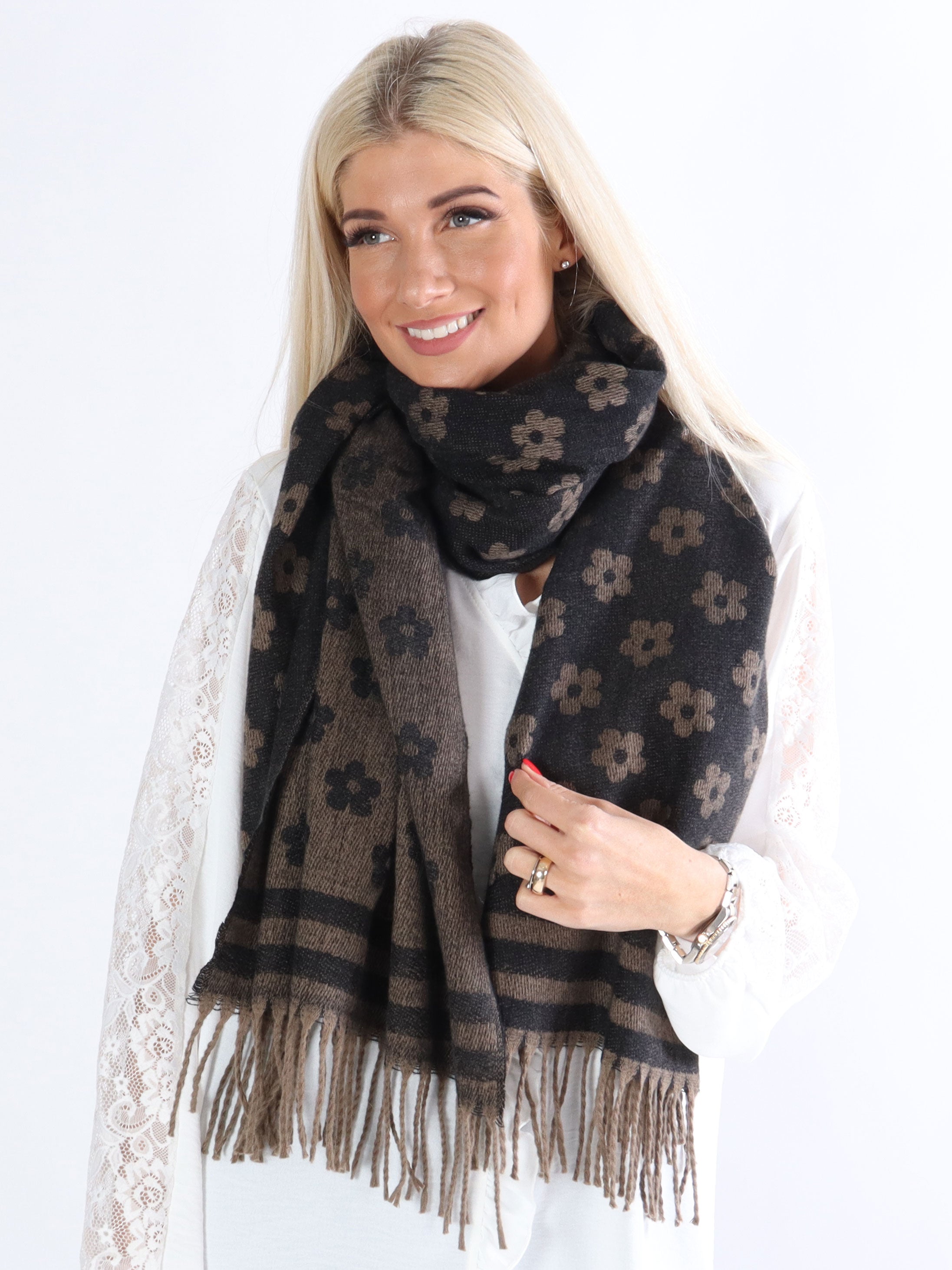 Lady - Beige mjuk halsduk med blommor