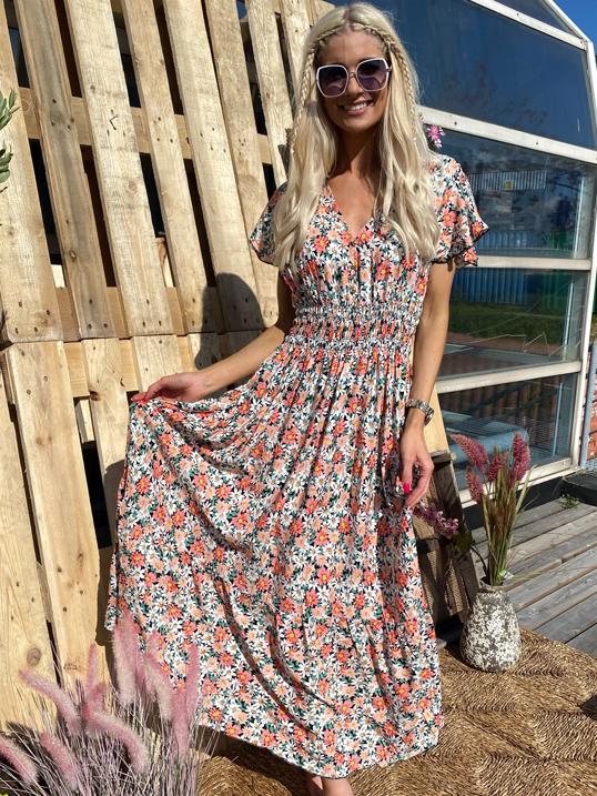Saline - Beige sommerkjole med farverige blomster