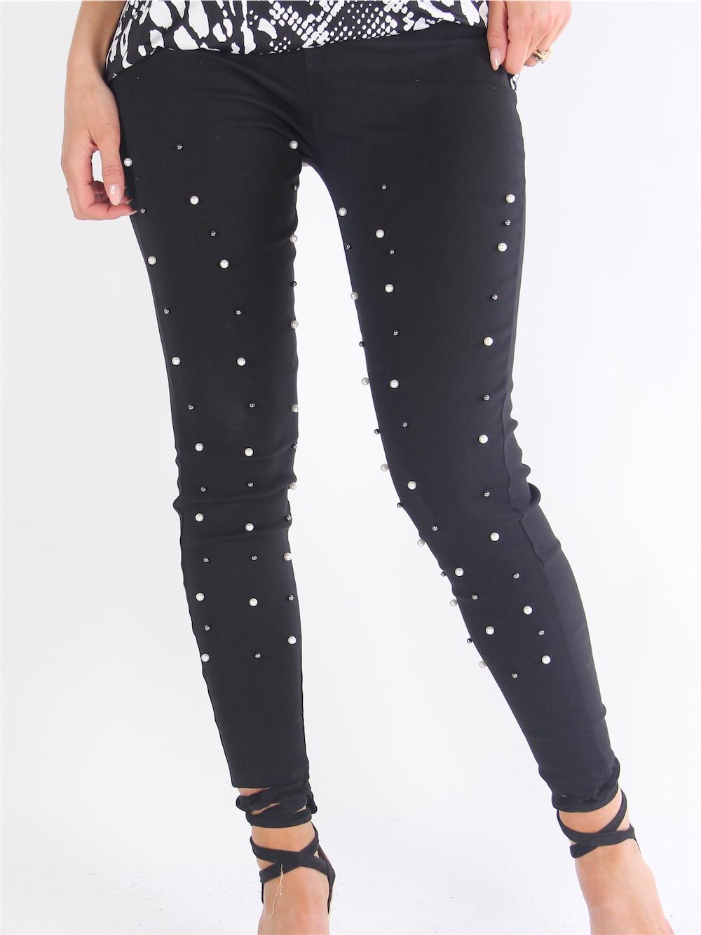 Trille - Svarta leggings i stretchmaterial med pärlor längs benen
